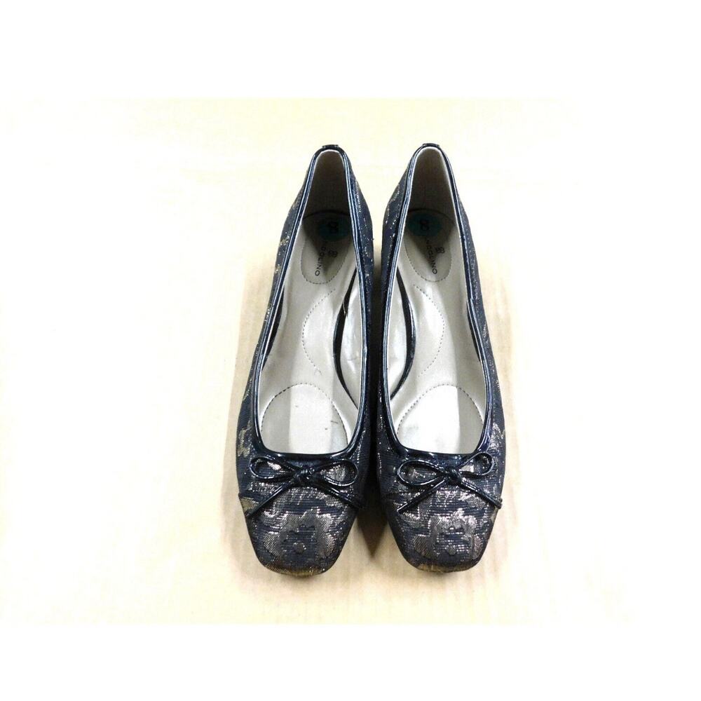 New Bandolino Black Gold Fabric Brocade Ballet Womens 10 Patent Bow low heel